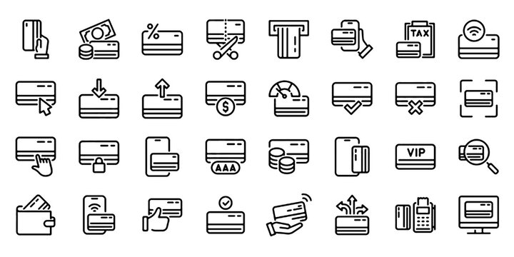 Credit Card Line Icon Set, Contactless Payment Vector Transparent Background