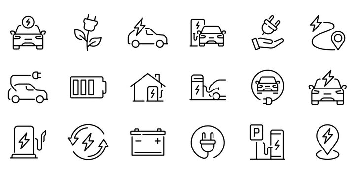 Electric Car Line Icon Set, Eco Transport Charging Vector Transparent Background