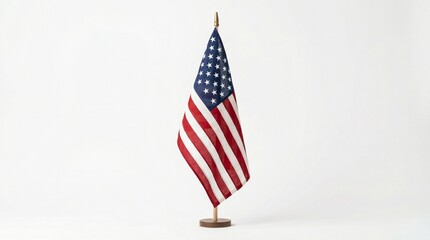 Fototapeta premium American flag on a stand, a symbol of patriotism and freedom, displayed against a clean white background for national pride