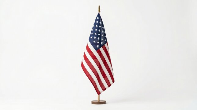 American flag on a stand, a symbol of patriotism and freedom, displayed against a clean white background for national pride