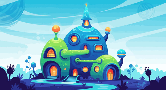 Whimsical Alien House on Exoplanet Landscape