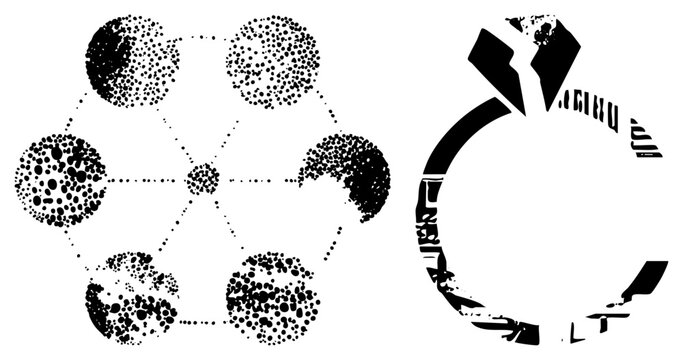 Raw halftone cell structure featuring a hex cluster alongside a weathered ring or broken. This grunge stencil design uses heavy dotwork textures to create a gritty, urban aesthetic.