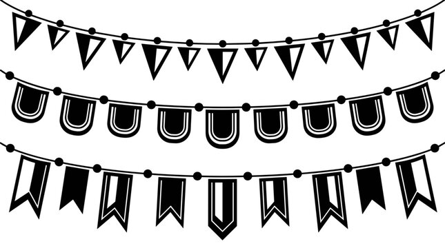 Decorative Black and White Party Bunting and Garland Set with Triangle Flags, Curved U-Shaped Pennants, and Swallowtail Streamers for Festive Celebration Graphic Designs