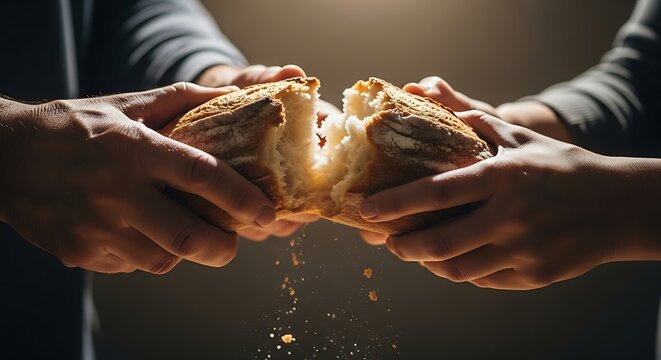 Two hands breaking a loaf of bread in dramatic lighting with crumbs flying.