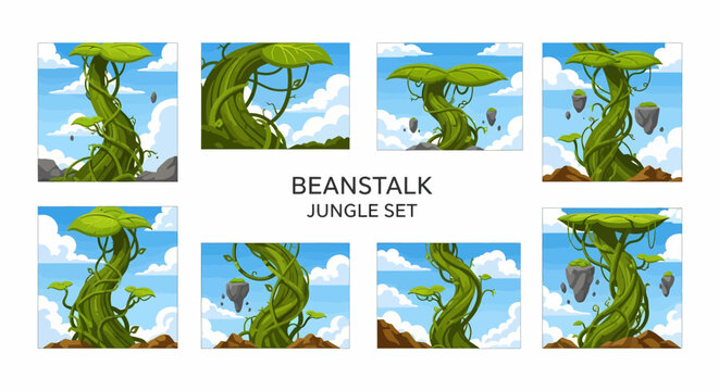 A collection of eight digital illustrations featuring thick intertwining beanstalks and leafy vines set against a blue cloudy sky