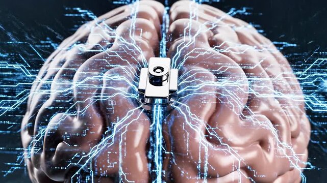 A human brain with blue neural connections and a small robot on a dark background