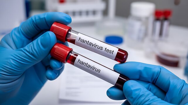 blood samples labeled for a "hantavirus test" being handled in a laboratory setting.