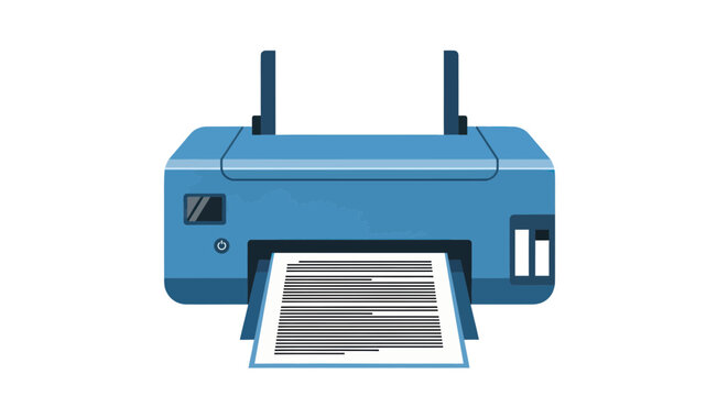 Blue Printer Machine Printing Document on White Background