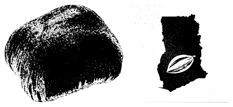 Textured loaf of crusty bread, often called a boule or sourdough, sits beside a cocoa bean shape. This vintage stipple art features a gritty, high contrast aesthetic for organic themes.