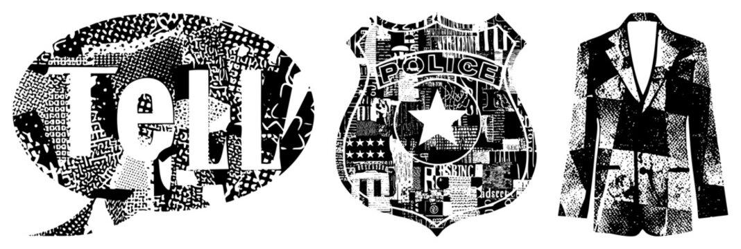 This mixed collection features a bold tell speech bubble, a law enforcement star, and a blazer. These punk style elements utilize heavy halftone and newspaper collage textures.