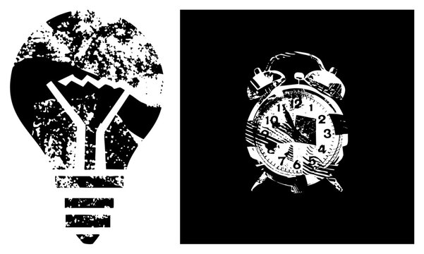 Gritty stencil style light bulb known as a glow bug sits beside an old school tick tock. These weathered feature heavy textures and high contrast shapes for a raw aesthetic.