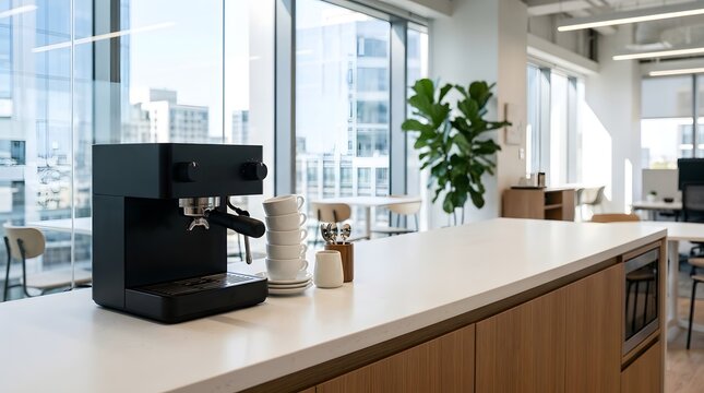 Sleek coffee machine on a bright, clean counter in a modern office breakroom setting with city views