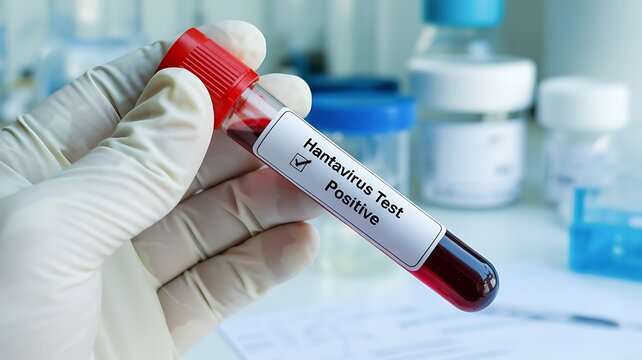  a blood sample vial labeled with a positive result for a "Hantavirus Test"