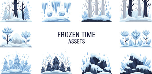 A collection of twelve flatstyle vector illustrations depicting winter landscapes ice formations snowy trees and crystals © Faisal