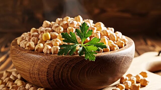 Close up of dry chickpeas in wooden bowl on rustic wooden surface