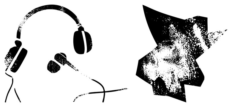 Gritty stencil featuring a pair of cans and earbuds, showcasing a worn texture alongside a jagged splatter. This beatnik gear and kit set provides a raw, lo fi aesthetic.