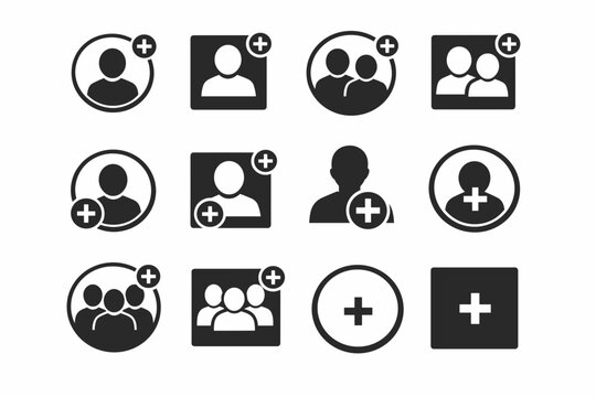 Add New User and Group Friend Request Icon Set with Account Registration, Plus Symbol Profile Avatars, and Member Creation Buttons for Social Apps