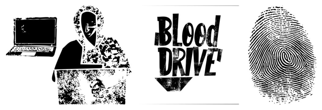 Dark stencil style depiction of a hooded hacker or ghost in the machine working on a laptop. This blood drive graphic features a textured fingerprint and bold typography.