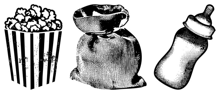 Retro collection featuring a snack bucket, a heavy burlap sack, and a tiny feeding bottle. These grainy woodcut style illustrations include a popcorn tub, a grain bag, and a teat bottle.