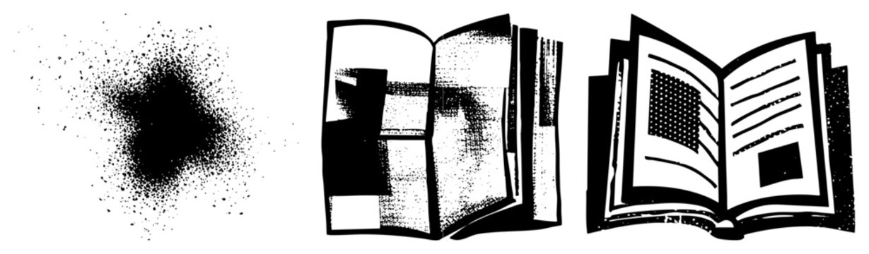 Hand drawn open books featuring textured pages and halftone. This reading material set includes a messy ink blot and weathered tomes for a classic literary aesthetic.