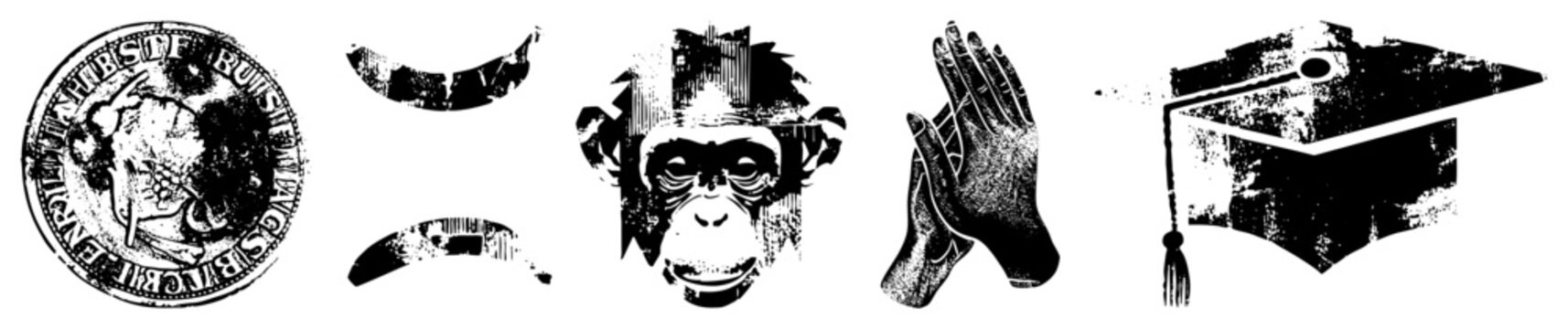 Distressed primate head featuring a chimpanzee simian alongside human hands and a graduation cap. This stencil style kit includes a textured coin and abstract curved shapes.