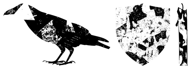 Obraz premium This edgy black crow, or dark scavenger, features a heavy grunge texture. The feathered corvid, also known as a carrion bird, a weathered stencil aesthetic with fragmented shapes.