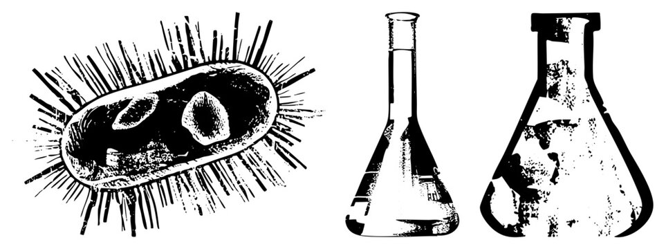Detailed etched depiction of a tiny germ or bug alongside conical flasks. This scientific study features a microscopic organism and labware in a distressed, weathered texture.