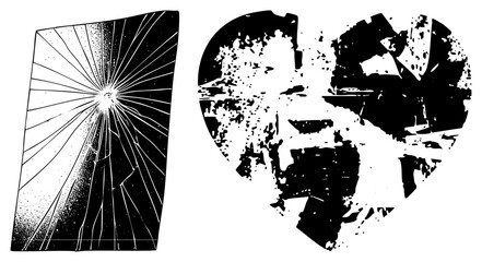 Obraz premium This gritty composition features a cracked window pane and a fractured love symbol. These jagged and broken heart pieces create a raw aesthetic using heavy halftone textures.