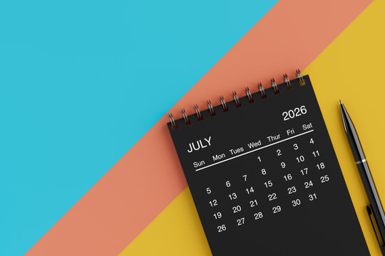 Black Flip Monthly July 2026 Business Calendar with Black Pen. 3d Rendering