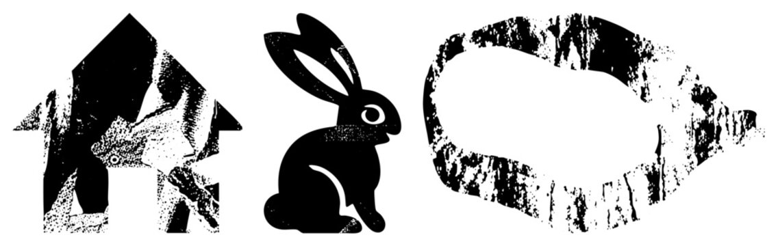 This collection features a textured bunny, a rustic cottage, and a rough speech bubble. These gritty elements include a jackrabbit and a small dwelling with a weathered, stencil aesthetic.