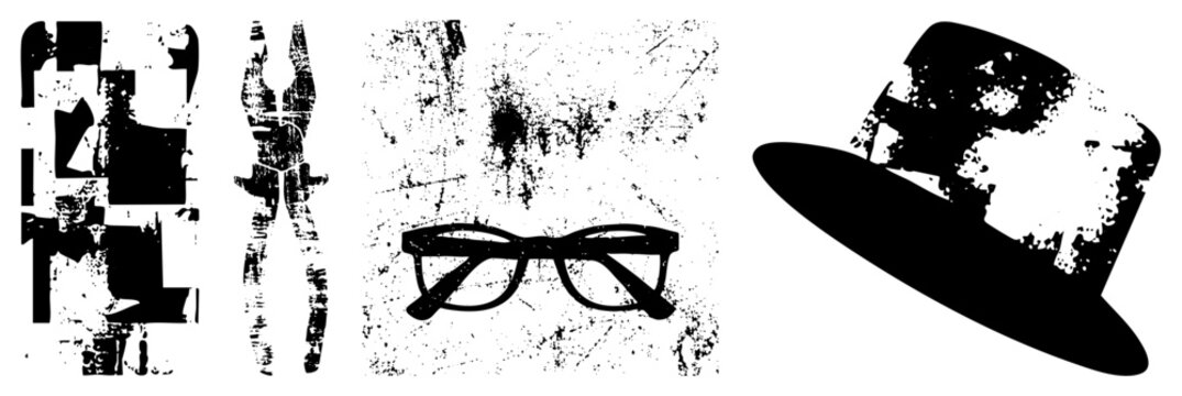 Collection of gritty textured objects featuring a dapper top hat, heavy duty pliers, and eyewear. These distressed stencil elements include shades and tool silhouettes for edgy design.