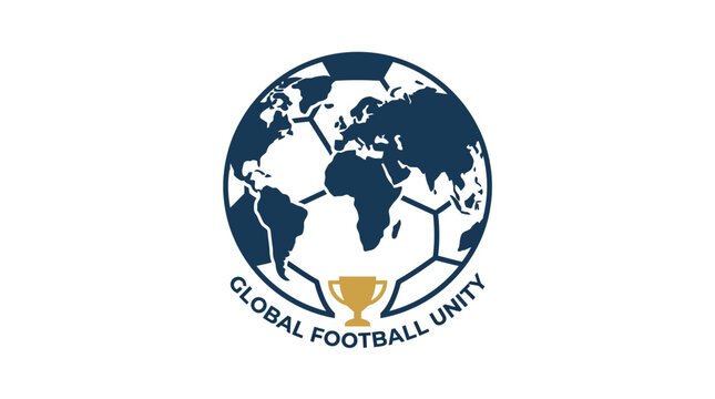 Global football unity championship logo template with soccer ball world map and trophy cup vector illustration