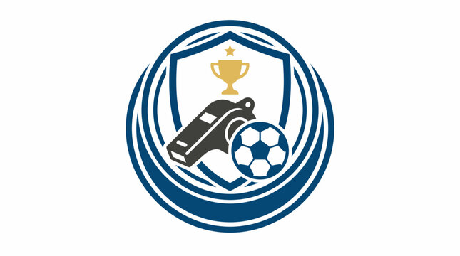 Soccer referee logo template with whistle football ball and trophy cup emblem vector illustration