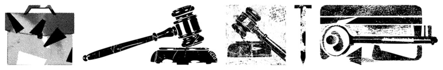 Obraz premium This collection features a weathered gavel, a heavy briefcase, and a skeletal key rendered in a distressed halftone style. These law tools and courtroom gear display a vintage stencil aesthetic.