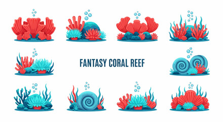 Twelve illustrations of fantasy underwater coral reef arrangements with colorful corals blue spiraled shells and rising air bubbles © Faisal