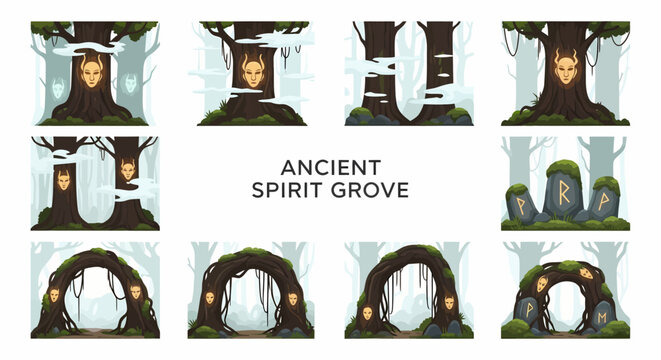 Illustration set of eleven stylized trees and stone formations in a foggy forest featuring glowing masks and carved runes