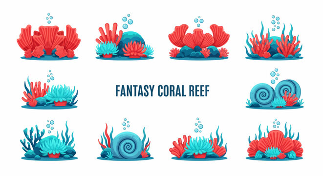 Twelve illustrations of fantasy underwater coral reef arrangements with colorful corals blue spiraled shells and rising air bubbles