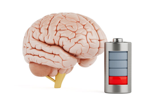 Mental Energy Depletion And Cognitive Fatigue Concept. Human Brain Beside Low Battery Indicator Showing Burnout, Stress, Focus Loss And Need For Recovery. 3d Rendering