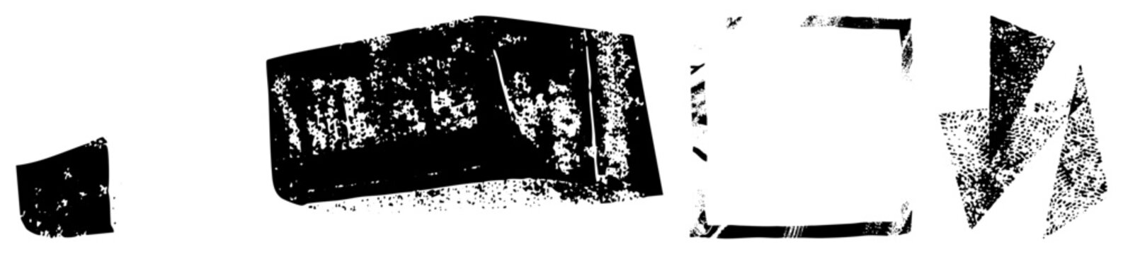 Set of rough texture patches and ink blots, including messy ink smears and gritty blotches for design. These distressed stamp shapes add a vintage aesthetic to any layout.