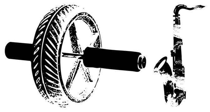 Gritty stencil style saxophone, often called a sax or horn, paired with a large mechanical cog wheel. This weathered jazz instrument and gear assembly features heavy halftone textures.