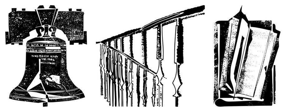This collection features a distressed liberty bell, a classic banister railing, and an open book. These gritty, including a heavy clapper and old tome, use a high contrast stencil style.