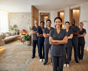 Fototapeta premium Female spa manager with wellness team, massage therapists, skincare specialists, luxury spa center, beauty professionals, holistic wellness, self care, hospitality industry, premium wellness retreat