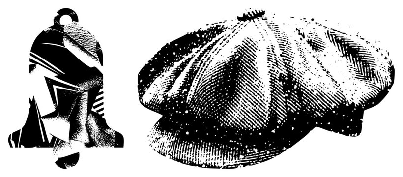 Classic flat cap, often called a baker boy or paddy cap, sits alongside a geometric clapper bell. These woodcut elements feature heavy stippling and high contrast.