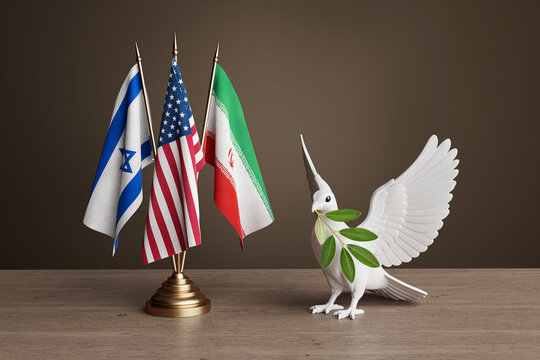 International Peace Diplomacy And Middle East Negotiation Concept. Israeli, American And Iranian Flags Beside White Dove Holding Olive Branch On Wooden Table. 3d Rendering