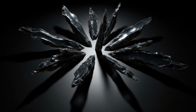Jagged obsidian glass fragments artfully arranged in a radial pattern, showcasing sharp edges and dramatic reflections.