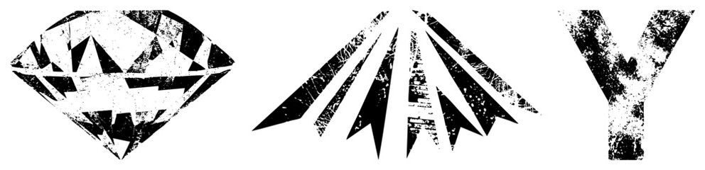 Obraz premium Weathered rock crystal and a rough ice stone element paired with a textured letter Y. This distressed set features sharp jagged shapes and a worn vintage aesthetic.