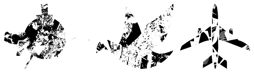 Obraz premium Gritty stencil art collection displaying a flying pigeon, a soaring jet, and a stylized bird shape. These rough ink splatters and charcoal style graphics offer a raw, textured aesthetic.