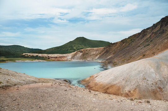 Golovin volcano caldera. Two lakes. Kunashir Island, Southern Kuril Islands.