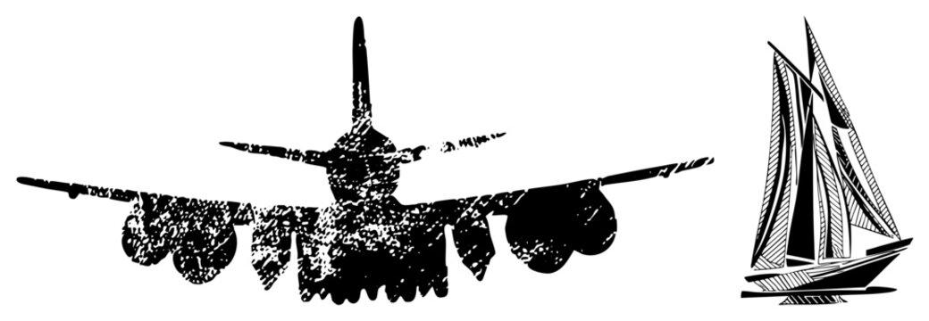 Distressed flight bird and sea vessel graphic featuring a weathered jet and a classic sailing boat. These textured silhouettes capture a rugged nautical and aviation spirit.