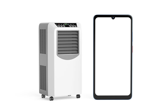 Smart Cooling App And Climate Control Concept. Portable Air Conditioner With Blank Smartphone Screen. 3d Rendering